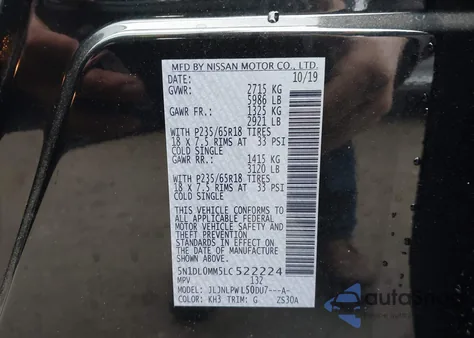 2020 Infiniti Qx60 Pure Awd z USA, uszkodzony, nr VIN 5N1DL0MM5LC522224